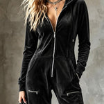 Black Velvet Hooded Zipper Wide Leg Jumpsuit
