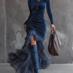 Dark blue velvet pleated ruffled maxi dress