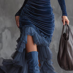 Dark blue velvet pleated ruffled maxi dress