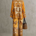 Orange Baroque Print Long Sleeve Shirt & Wide Leg Pants Two-Piece Set