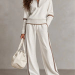 White Half-zip Collar Ribbed Sweatshirt And Color-blocked Wide-leg Pants Suit