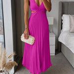 V Neck Cut Out Waist Sleeveless Pleated Maxi Dress