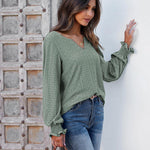 Zeagoo Women Casual V Neck T-Shirts Ruffle Long Sleeve Shirt Eyelet Loose Blouses S-XXL