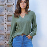 Zeagoo Women Casual V Neck T-Shirts Ruffle Long Sleeve Shirt Eyelet Loose Blouses S-XXL