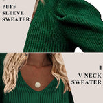 Zeagoo V Neck Sweaters Casual Puff Sleeve Pullover Sweater