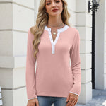 Colorblock Collar Lace Trim Ribbed Knit Henley Top (US Only)
