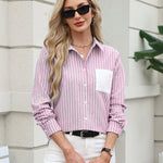 Zeagoo Striped Button Down Shirts for Women Patchwork Chic Long Sleeve Collared Casual Office Work Blouse Tops (US Only))
