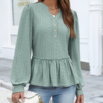 Casual Eyelet Peplum Puff Long Sleeve Blouse (US Only)