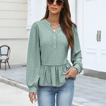 Casual Eyelet Peplum Puff Long Sleeve Blouse (US Only)