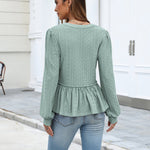 Casual Eyelet Peplum Puff Long Sleeve Blouse (US Only)