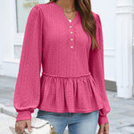 Casual Eyelet Peplum Puff Long Sleeve Blouse (US Only)