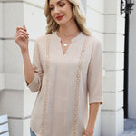 Zeagoo V Neck Tunic Blouse for Women 3/4 Sleeve Textured Floral Lace Panel Shirt (US Only)