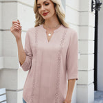 Zeagoo V Neck Tunic Blouse for Women 3/4 Sleeve Textured Floral Lace Panel Shirt (US Only)
