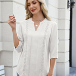 Zeagoo V Neck Tunic Blouse for Women 3/4 Sleeve Textured Floral Lace Panel Shirt (US Only)