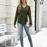 Zeagoo V Neck Solid Lace Trim Long Sleeve Top (US Only)