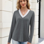 Zeagoo V Neck Solid Lace Trim Long Sleeve Top (US Only)