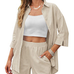 Linen Shirt Elastic Waist Casual Shorts Set - Zeagoo (Us Only)