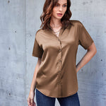 Zeagoo Women Satin Shirt V-Neck Short Sleeve Button Down Shirt Casual Loose Office Silk Tops  (Us Only)