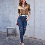 Zeagoo Women Satin Shirt V-Neck Short Sleeve Button Down Shirt Casual Loose Office Silk Tops  (Us Only)