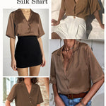 Zeagoo Women Satin Shirt V-Neck Short Sleeve Button Down Shirt Casual Loose Office Silk Tops  (Us Only)