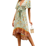 Zeagoo Women's Bohemian Floral Tie Front V Neck Midi Dresses