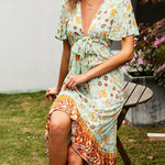 Zeagoo Women's Bohemian Floral Tie Front V Neck Midi Dresses