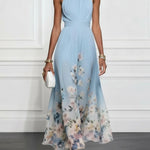 Light Blue Floral Chiffon Halter Sleeveless Maxi Dress
