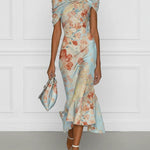 Vittoria™ | Sleeveless Midi Mermaid Dress with Off-Shoulder and Blue Floral Print