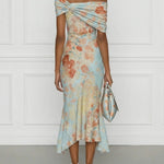 Vittoria™ | Sleeveless Midi Mermaid Dress with Off-Shoulder and Blue Floral Print