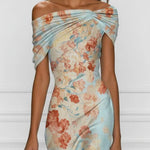 Vittoria™ | Sleeveless Midi Mermaid Dress with Off-Shoulder and Blue Floral Print
