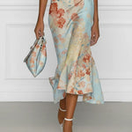 Vittoria™ | Sleeveless Midi Mermaid Dress with Off-Shoulder and Blue Floral Print
