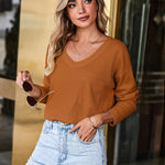 Zeagoo Women Waffle Knit Tops Casual Long Sleeve Shirts Solid Color V Neck Shirt