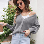 Lantern Sleeve Button Down Cable Knit Sweate - Zeagoo (Us Only)