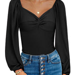 Puff Sleeve Twist Knot Front Tops Bodysuit - Zeagoo (Us Only)