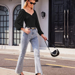 Puff Sleeve Twist Knot Front Tops Bodysuit - Zeagoo (Us Only)