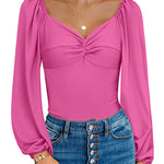 Puff Sleeve Twist Knot Front Tops Bodysuit - Zeagoo (Us Only)