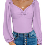 Puff Sleeve Twist Knot Front Tops Bodysuit - Zeagoo (Us Only)