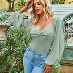 Puff Sleeve Twist Knot Front Tops Bodysuit - Zeagoo (Us Only)
