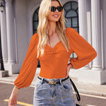 Puff Sleeve Twist Knot Front Tops Bodysuit - Zeagoo (Us Only)