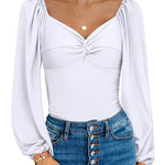 Puff Sleeve Twist Knot Front Tops Bodysuit - Zeagoo (Us Only)