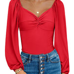 Puff Sleeve Twist Knot Front Tops Bodysuit - Zeagoo (Us Only)