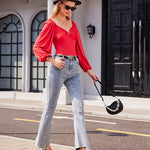 Puff Sleeve Twist Knot Front Tops Bodysuit - Zeagoo (Us Only)