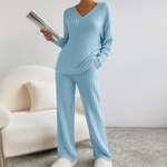 Marlow™ - Casual V-Neck Long Sleeve Top & Straight Leg Lounge Pants Set