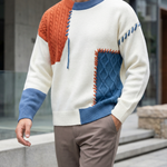 Men's Knit Patchwork Sweater | Textured Relaxed Fit with Bold Contrast