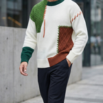 Men's Knit Patchwork Sweater | Textured Relaxed Fit with Bold Contrast