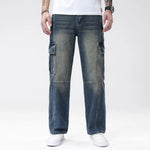 Men's Non-Stretch Polyester-Cotton Denim Jeans | Casual Deep Blue Straight Leg Workwear Pants