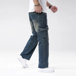 Men's Non-Stretch Polyester-Cotton Denim Jeans | Casual Deep Blue Straight Leg Workwear Pants