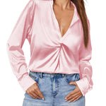 Satin V Neck Twist Front Silk Shirts - Zeagoo (Us Only)