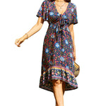 Zeagoo Women's Bohemian Floral Tie Front V Neck Midi Dresses