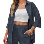 Linen Shirt Elastic Waist Casual Shorts Set - Zeagoo (Us Only)